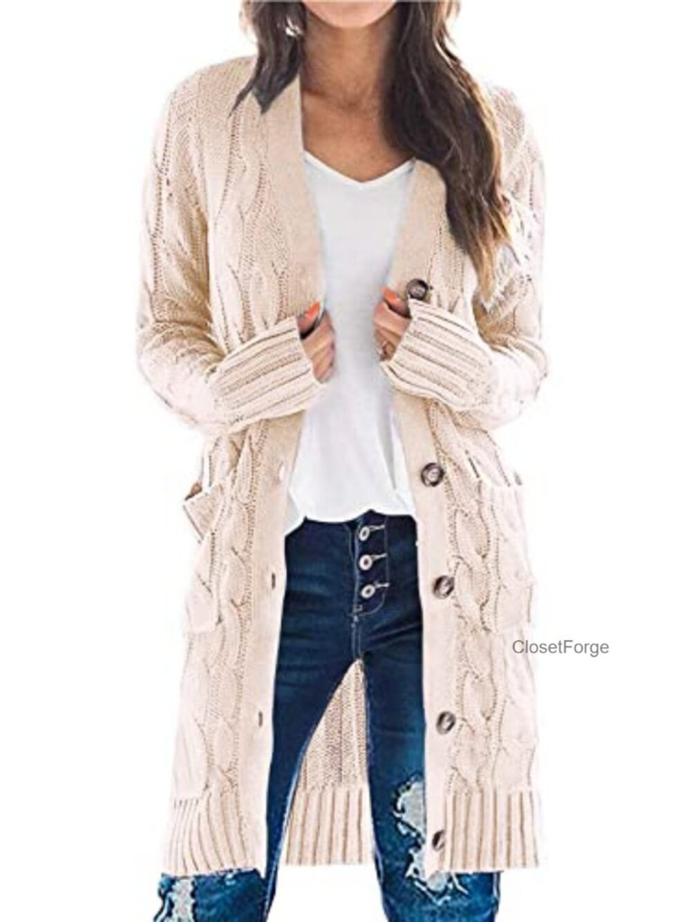 Chunky Cable Knit Button Down Long Cardigan Sweater with Pockets
